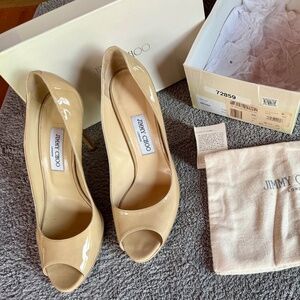 JIMMY CHOO LUNA PLATFORM PUMPS CLASSIC PATENT NUDE PEEPTOE